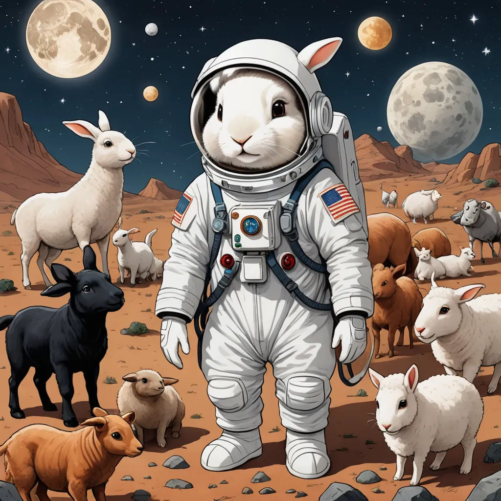 a rabbit in an astronaut suit surrounded by sheep and goats in a desert area with a full moon in the background, space art, a storybook illustration, Chris LaBrooy, highly detailed digital painting