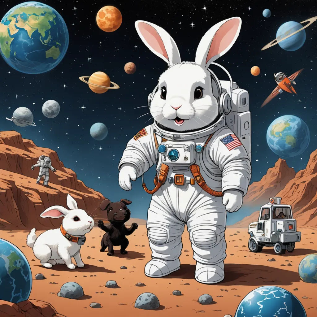 a rabbit in an astronaut suit standing next to a dog on a planet with planets in the background and a space shuttle in the foreground, space art, a storybook illustration, Chris LaBrooy, josan gonzales and dan mumford