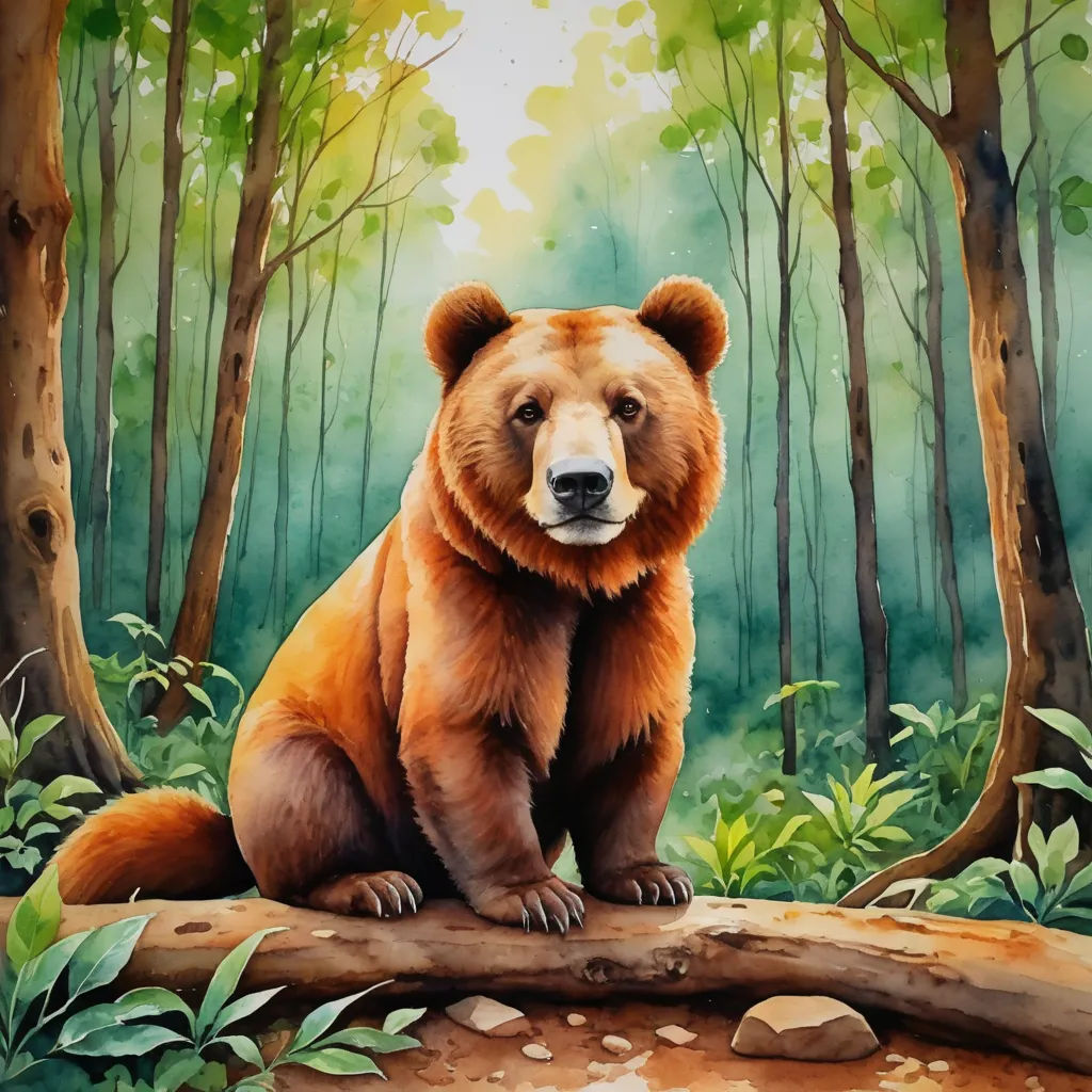 a painting of a bear sitting on a log in the woods with trees and grass around it, with a bright sun shining through the trees, furry art, a watercolor painting, Chris LaBrooy, professional digital painting