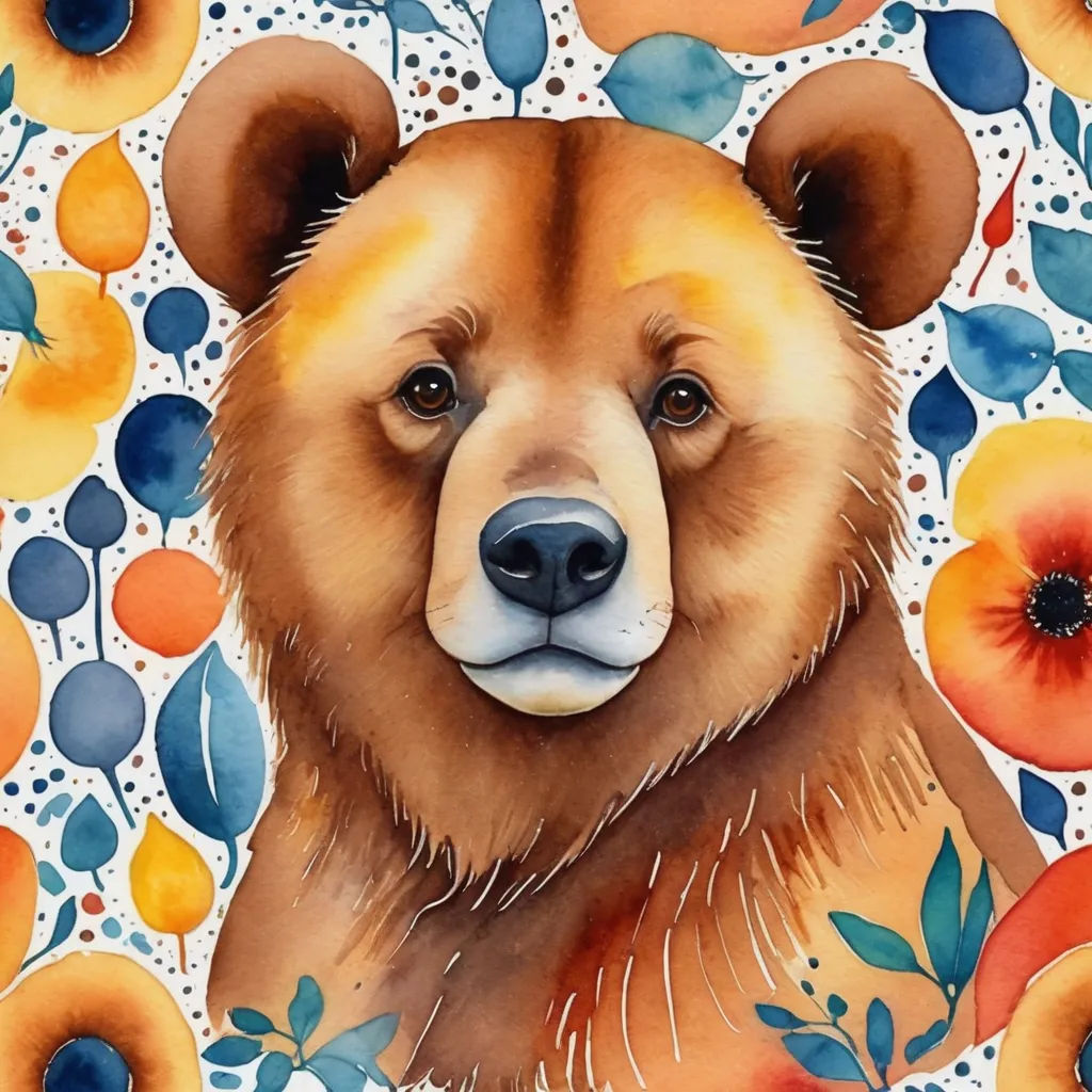 a painting of a bear surrounded by flowers and leaves on a white background with blue and orange circles around it, folk art, a watercolor painting, Chris LaBrooy, in gouache detailed paintings