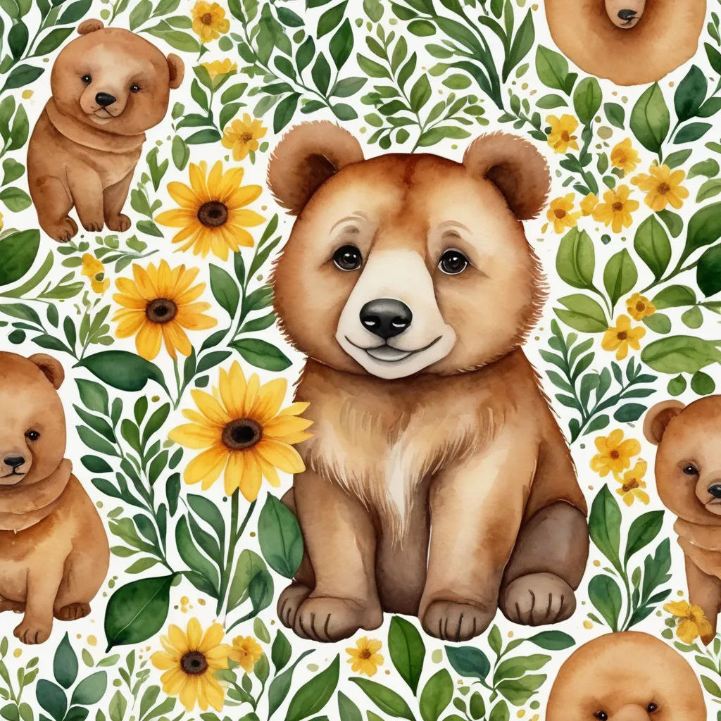 a watercolor painting of a bear surrounded by flowers and leaves on a white background with yellow flowers and green leaves, furry art, a storybook illustration, Claire Hummel, highly detailed digital art