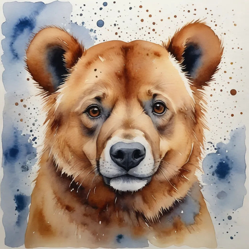 a painting of a brown bear with a blue background and brown spots on it's face and nose, modern european ink painting, a watercolor painting, Claire Dalby, watercolor