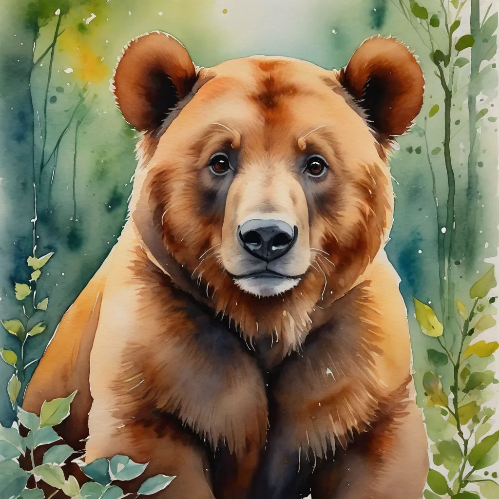 a painting of a bear sitting in the grass with leaves around it's neck and eyes open, with a green background, figurative art, a watercolor painting, Carol Sutton, watercolor