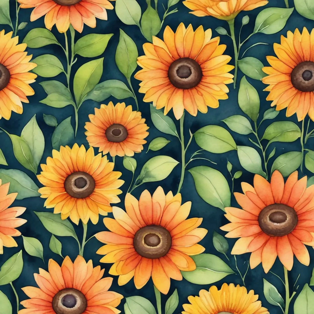 a painting of sunflowers with green leaves and brown centers on a dark background with a brown center, folk art, a detailed painting, Annabel Kidston, highly detailed digital painting