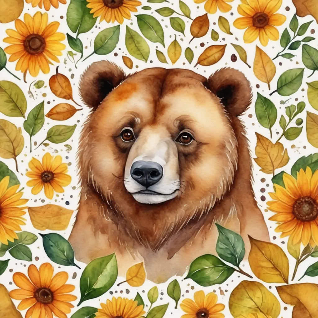 a painting of a bear surrounded by sunflowers and leaves on a white background with a brown bear's head, folk art, a watercolor painting, Chris LaBrooy, in gouache detailed paintings