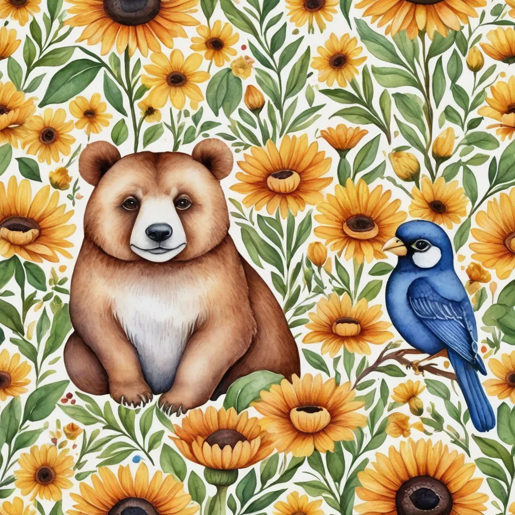 a bear and a bird are sitting in a field of sunflowers and daisies with a blue bird, naive art, a storybook illustration, Chris LaBrooy, in gouache detailed paintings