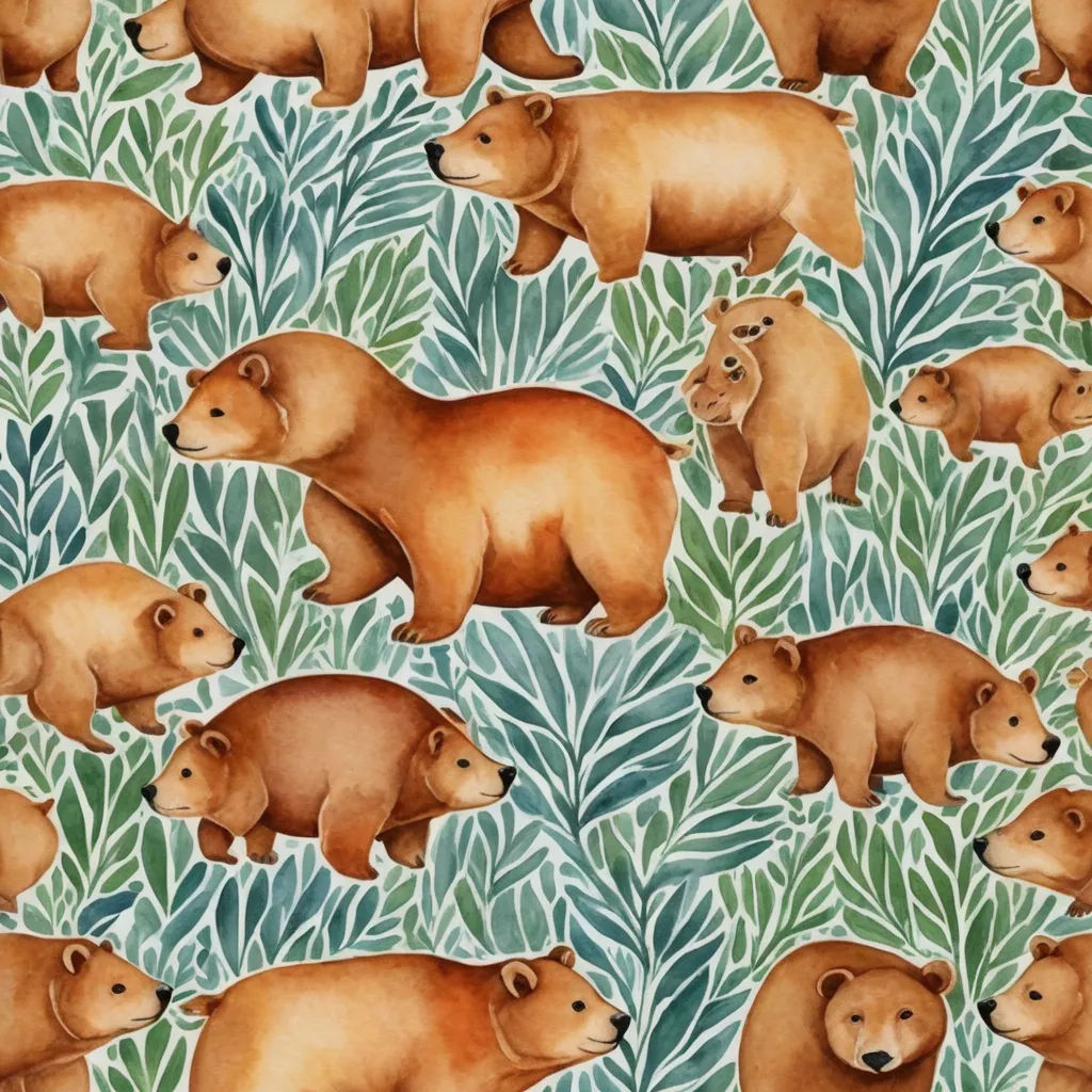 a pattern of brown bears and green leaves on a blue background with green foliage and a white background with a brown bear, arts and crafts movement, a watercolor painting, Claire Hummel, in gouache detailed paintings