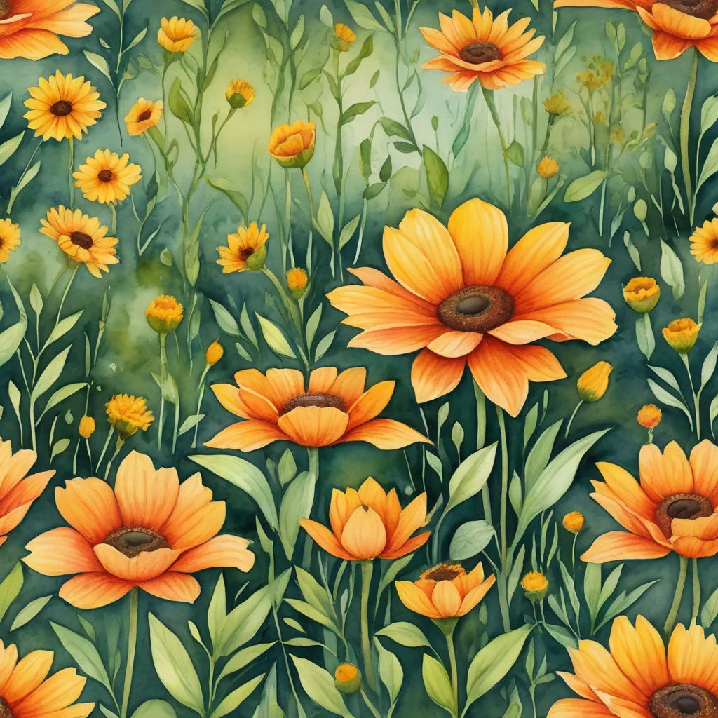 a painting of a field of sunflowers with green grass and yellow flowers in the background, with a green sky, folk art, a storybook illustration, Claire Hummel, flowers