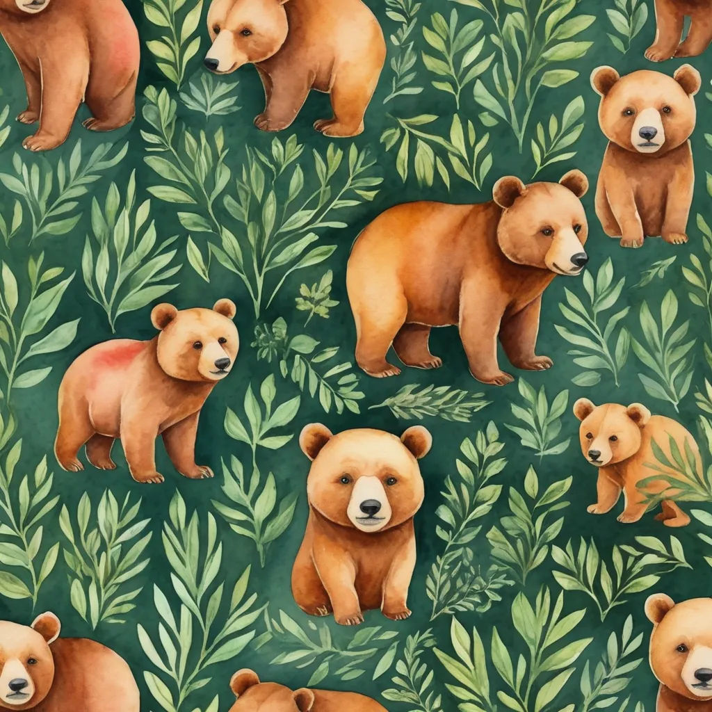 a painting of bears and leaves on a green background with leaves and branches on the ground and on the ground, folk art, a detailed painting, Chris LaBrooy, in gouache detailed paintings