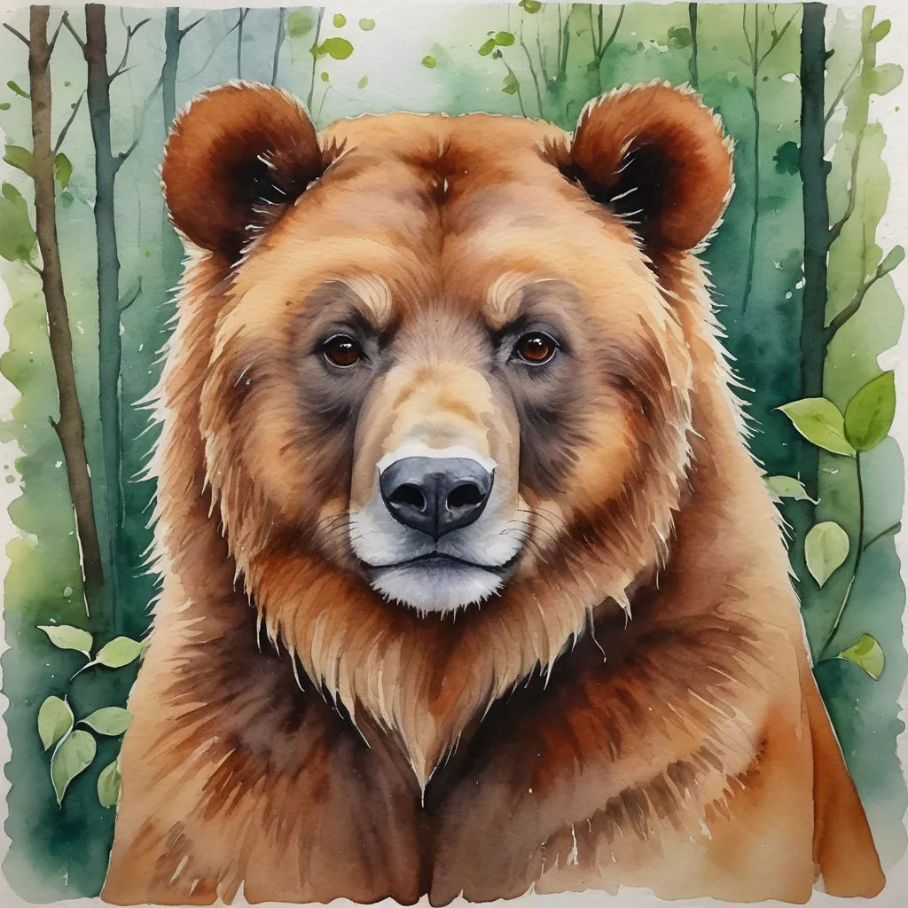 a painting of a bear in a forest with trees and leaves in the background and a green background with leaves, modern european ink painting, a watercolor painting, Alison Kinnaird, watercolor