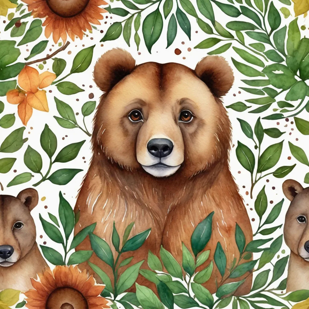 a painting of a bear and two cubs in a forest with sunflowers and leaves on a white background, folk art, a storybook illustration, Chris LaBrooy, in gouache detailed paintings