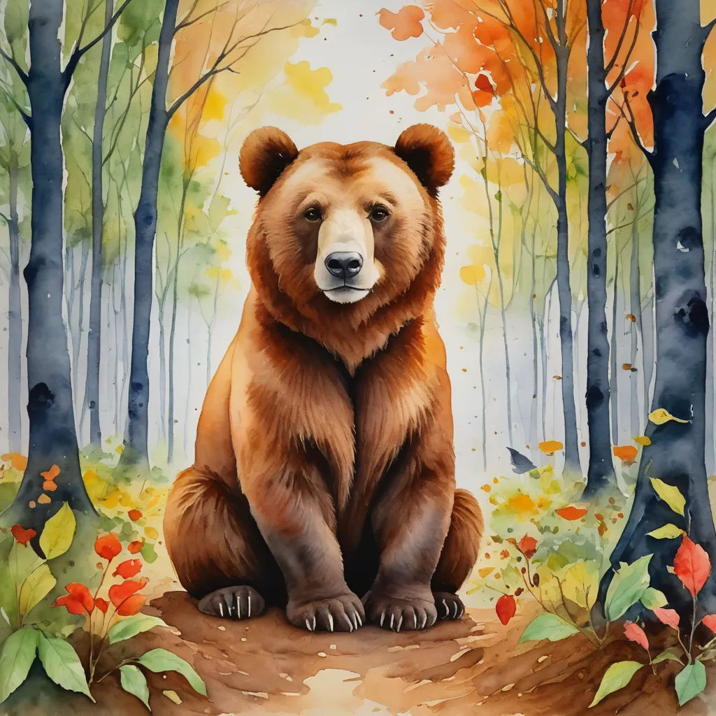 a painting of a bear sitting in the woods with autumn leaves on the ground and trees in the background, furry art, a watercolor painting, Chris LaBrooy, watercolor