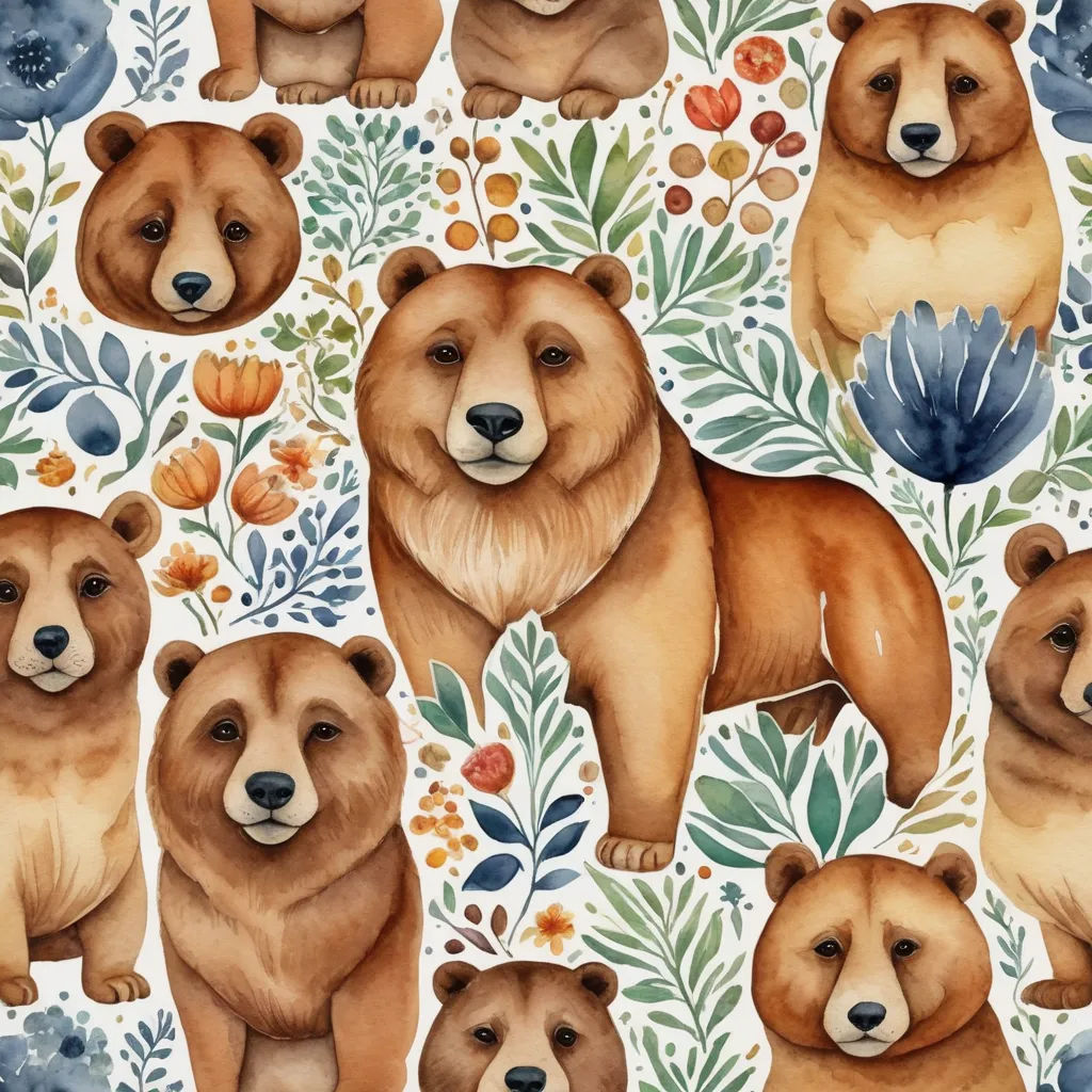 a painting of bears and flowers on a white background with blue leaves and flowers on the bottom of the picture, folk art, a watercolor painting, Chris LaBrooy, in gouache detailed paintings
