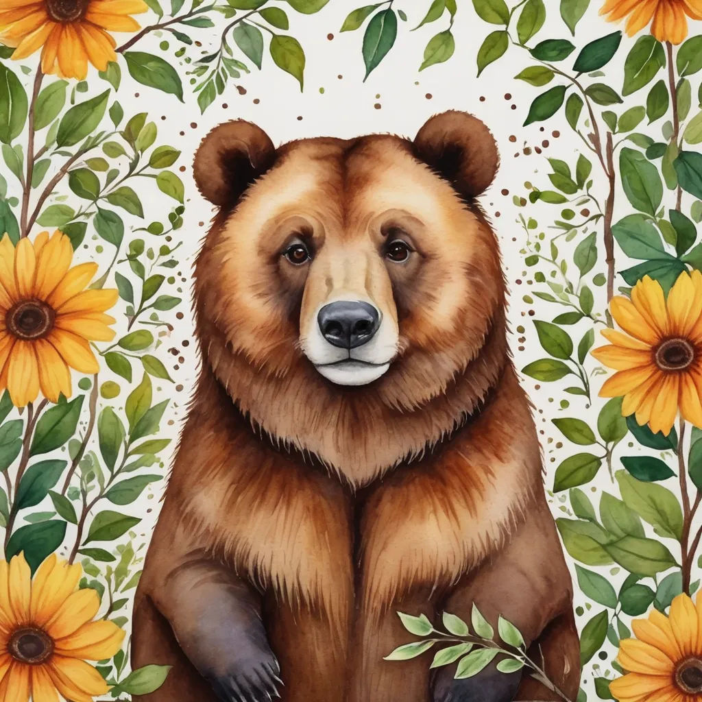 a painting of a bear surrounded by sunflowers and leaves on a white background with a white border, folk art, a watercolor painting, Chris LaBrooy, in gouache detailed paintings
