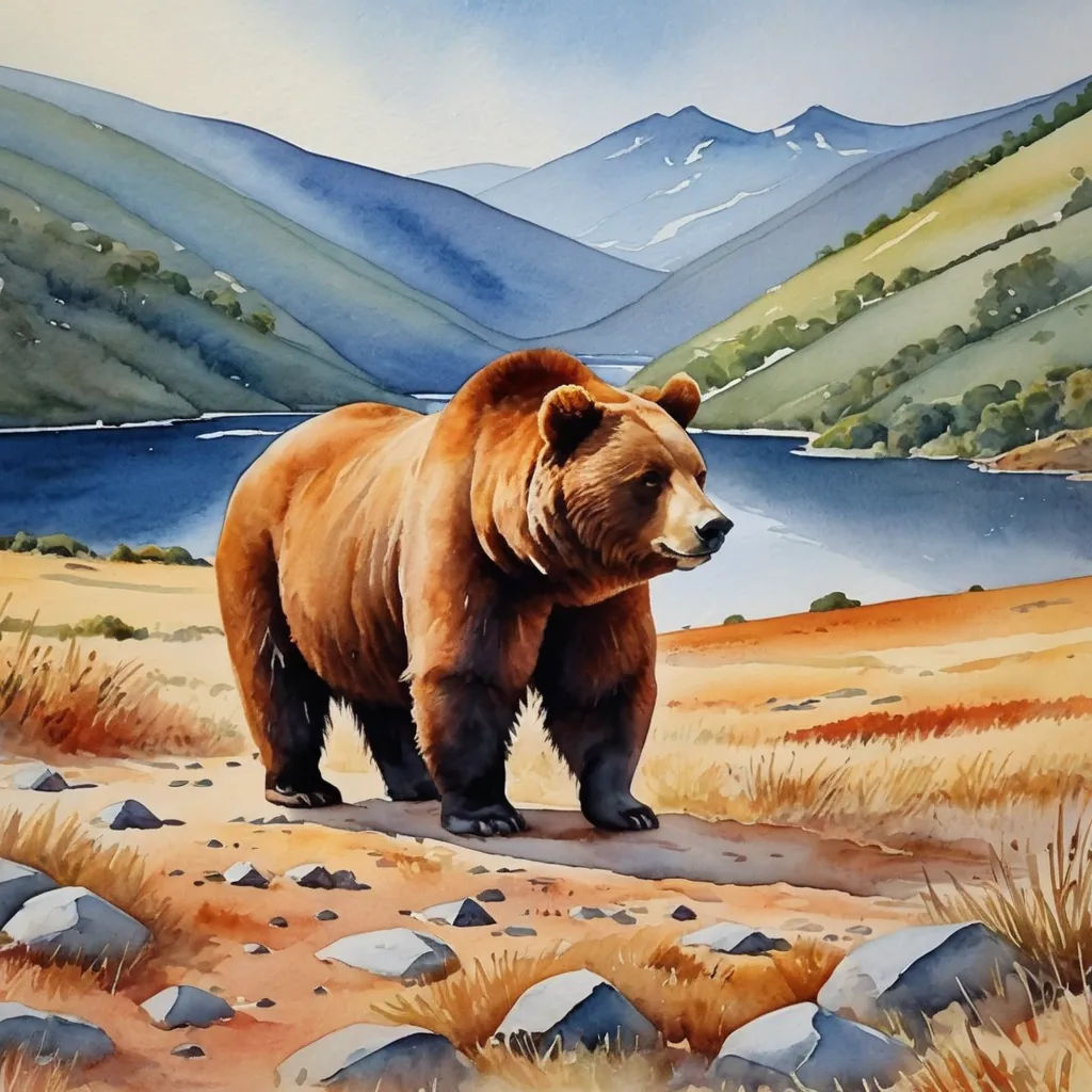 a painting of a bear standing on a rocky hillside near a lake and mountains in the background with a blue sky, figurative art, a watercolor painting, Bob Thompson, watercolor