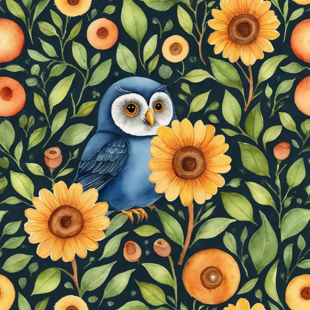 a painting of a blue bird sitting on a branch with sunflowers and leaves around it and a blue background, folk art, a storybook illustration, Claire Hummel, highly detailed digital painting