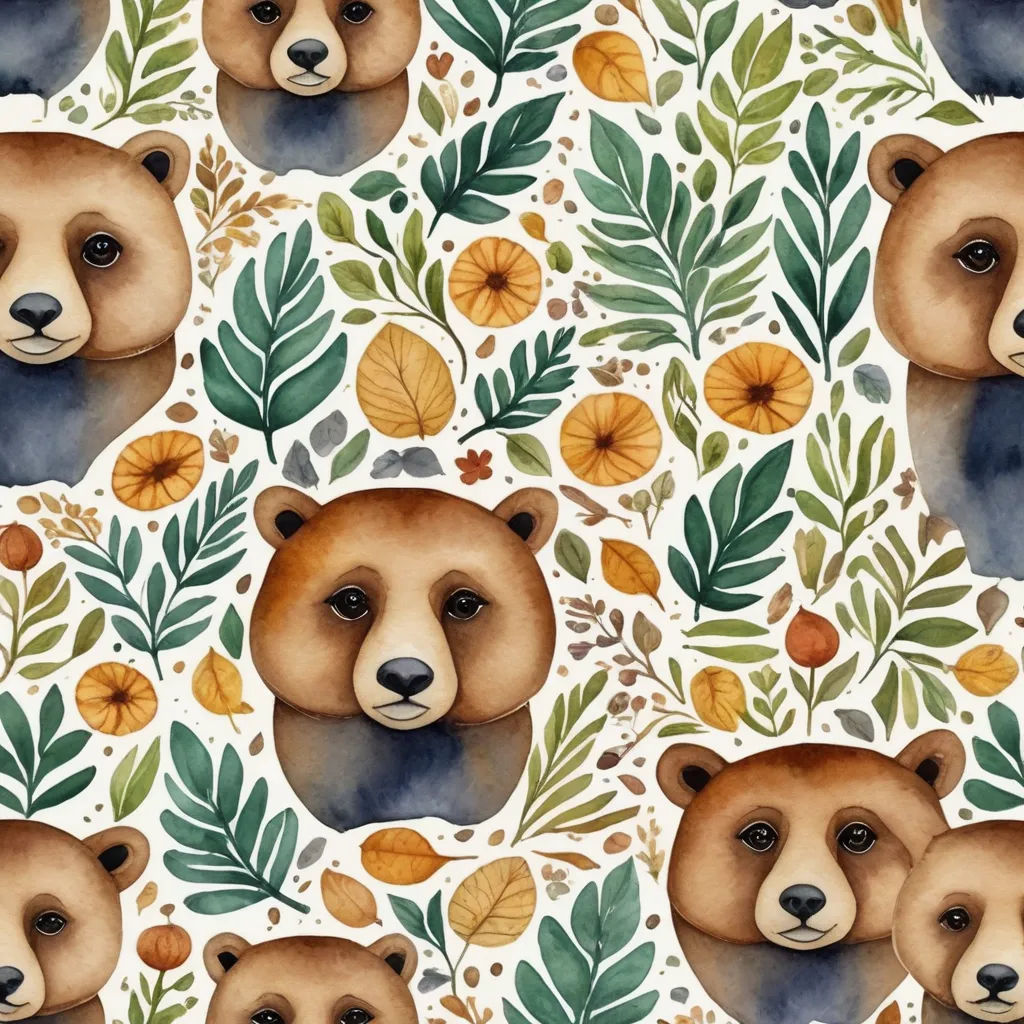 a painting of bears and leaves on a white background with a blue sky in the background and a brown bear in the foreground, folk art, a watercolor painting, Chris LaBrooy, in gouache detailed paintings