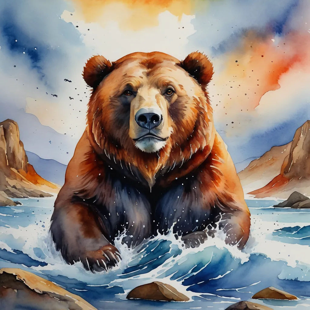 a painting of a bear in the water with a sky background and rocks in the foreground, and a mountain range in the background, fantasy art, a watercolor painting, Chris LaBrooy, watercolor