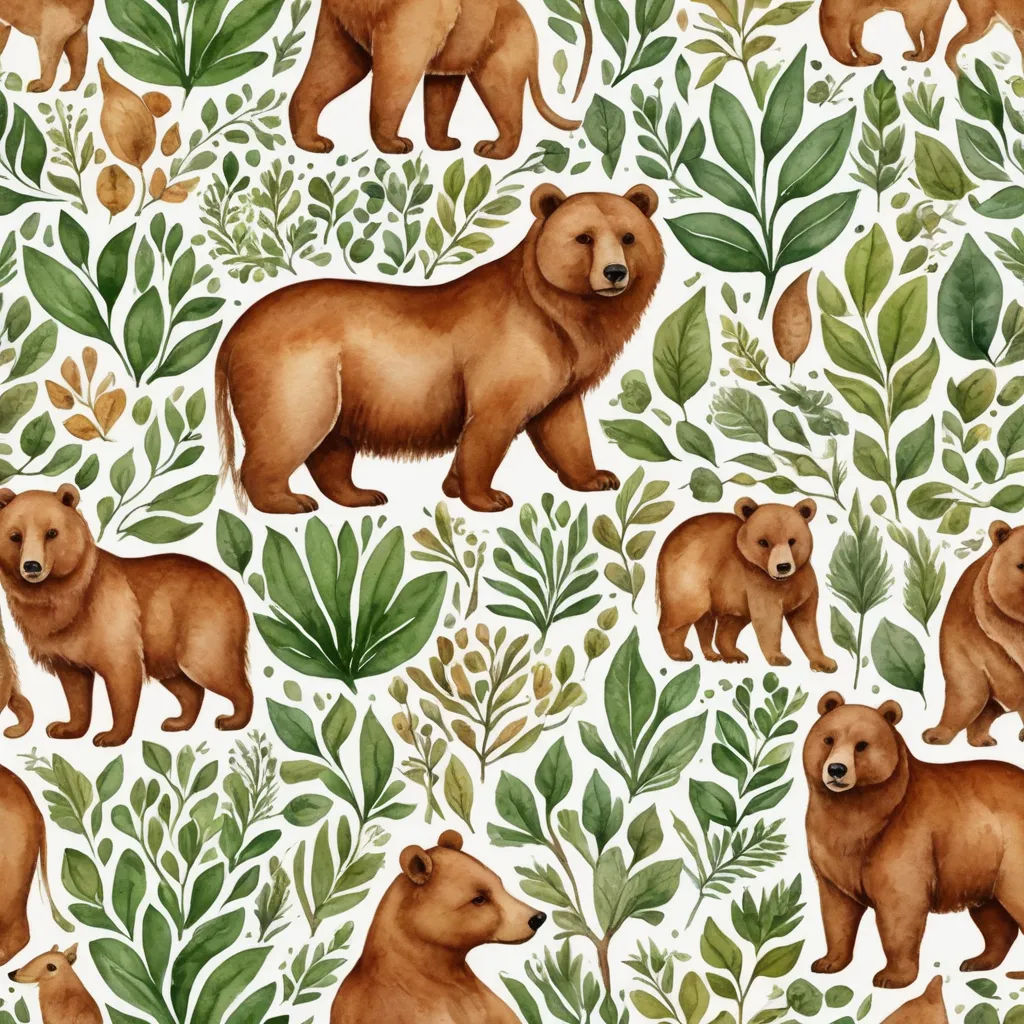 a pattern of brown bears and green leaves on a white background with a white background and a brown bear, folk art, a storybook illustration, Elinor Proby Adams, in gouache detailed paintings