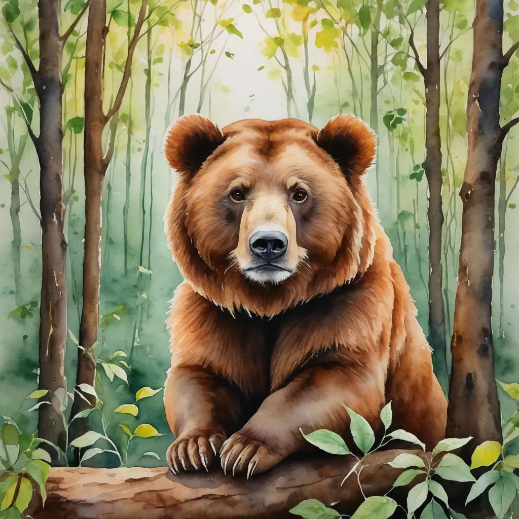a painting of a bear sitting on a log in the woods with trees and leaves around it, with a bright light coming through the trees, furry art, a watercolor painting, Chris LaBrooy, in gouache detailed paintings