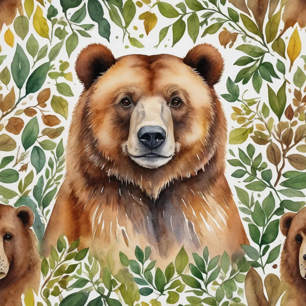 a painting of a bear surrounded by leaves and branches with a smaller bear in the background with another bear in the foreground, maximalism, a watercolor painting, Chris LaBrooy, in gouache detailed paintings