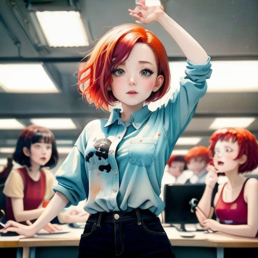 a woman with red hair and a blue shirt is standing in front of a group of people in a classroom