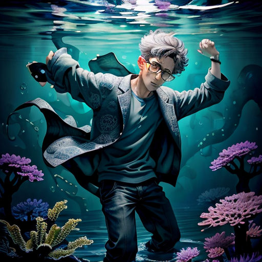 a man in a suit and glasses is dancing under water with a fish in his hand and a fish in his hand