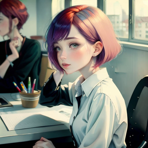 a woman with pink hair sitting at a desk with a cup of pencils in front of her and another woman with pink hair