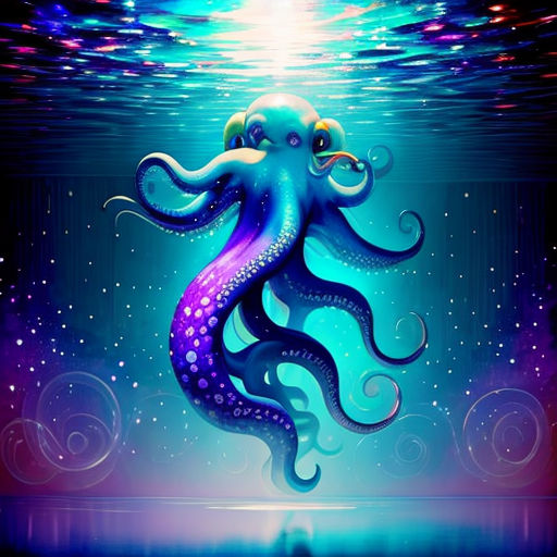 an octopus is floating in the ocean with a bright light above it and a blue background with stars and bubbles