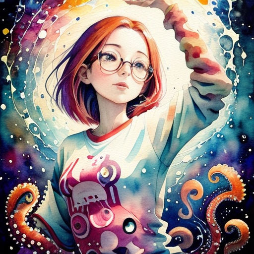 a painting of a girl holding a star above her head and a cat on her shoulder, with a space background