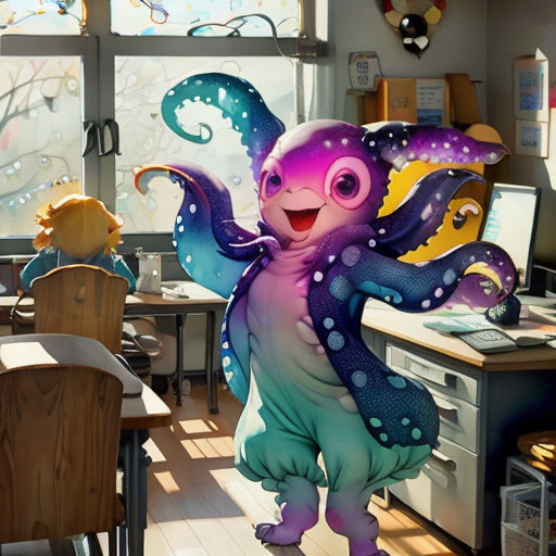 a cartoon character is standing in a room with a computer and a desk in front of it, with a window behind it