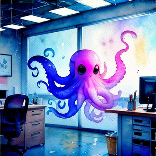 a large octopus is painted on the wall of an office space with a computer desk and a computer monitor