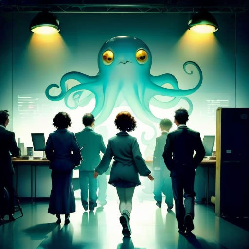 a group of people standing in front of a wall with an octopus on it's face and a man in a suit