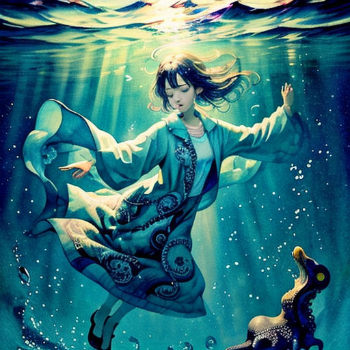 a painting of a woman in a blue dress floating in the water with a fish in her hand and a starfish in her hand