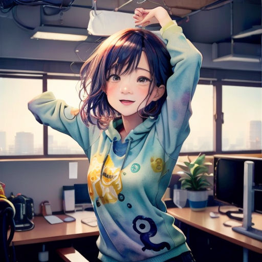 a woman in a blue sweatshirt is posing for a picture in an office setting with a desk and a window