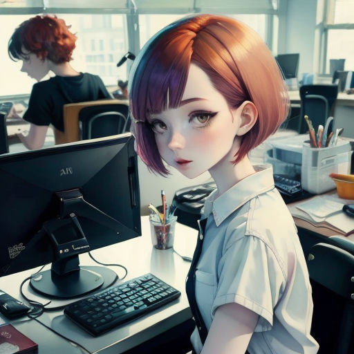 a woman with a short red hair sitting in front of a computer monitor and keyboard in an office setting