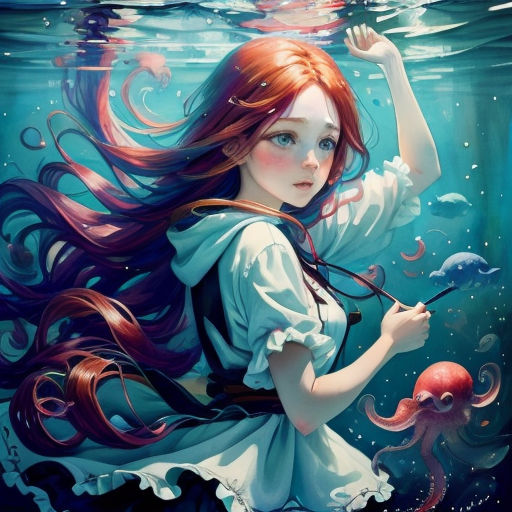 a girl with long hair is under water with an octopus in her hand and a fish in her hand