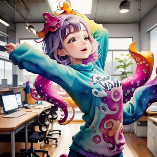 a woman with purple hair and a blue shirt is dancing in an office space with a computer desk and a computer monitor
