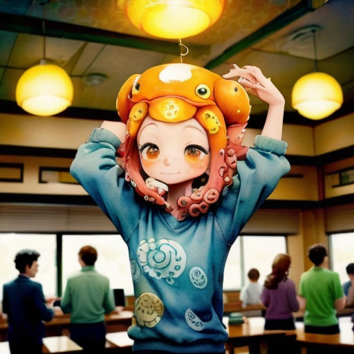 a girl with a weird hat on her head in a room full of people and a table with chairs