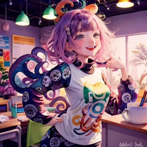 a woman with pink hair and a butterfly shirt in a room with a desk and a window with a plant