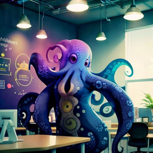 a large octopus sculpture sitting in an office cubicle next to a desk with a computer monitor and a plant