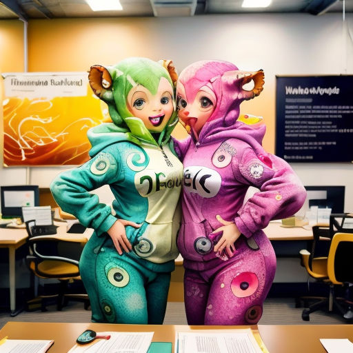 two people in costumes standing next to each other in a room with desks and chairs and a sign