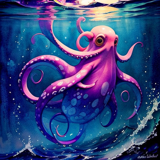 an octopus is swimming in the ocean with a full moon in the background and a full moon in the sky