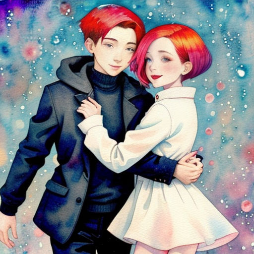 a painting of a couple hugging in the snow with stars in the background and a blue sky behind them