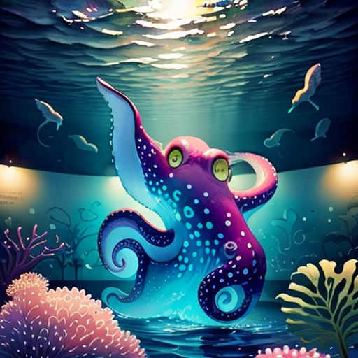 an octopus is swimming in the ocean with other sea creatures around it and a light shining on the water