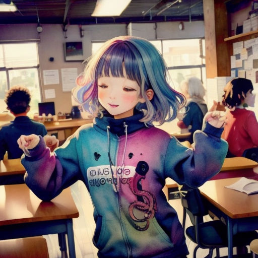 a girl with blue hair and a colorful sweatshirt in a classroom with other children sitting at desks and looking at the camera
