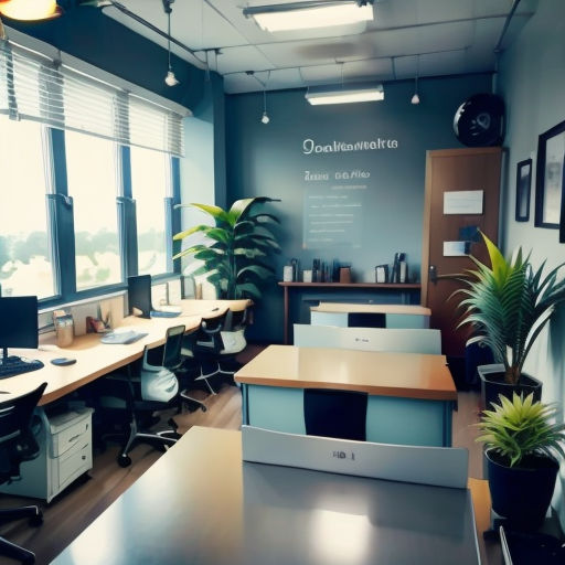 a room with a desk, chairs, and a computer monitor on it's wall and a plant in the corner