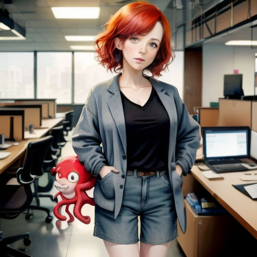 a woman with red hair standing in an office with a stuffed octopus toy in her hand and a laptop on the desk