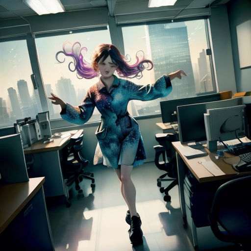 a woman in a blue dress is walking through an office with a computer desk and a monitor on the wall