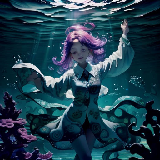 a woman with pink hair standing under water with her arms outstretched in the air and a star above her head